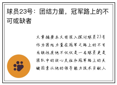 球员23号：团结力量，冠军路上的不可或缺者